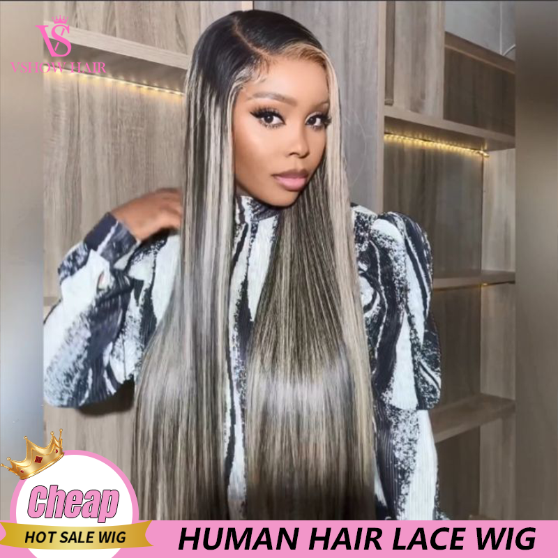 Gray Highlight Blonde Human Hair Wigs For Women Colored Straight Wig 613 Lace Front Wig Ombre Half Black Hair Frontal Lace Wigs