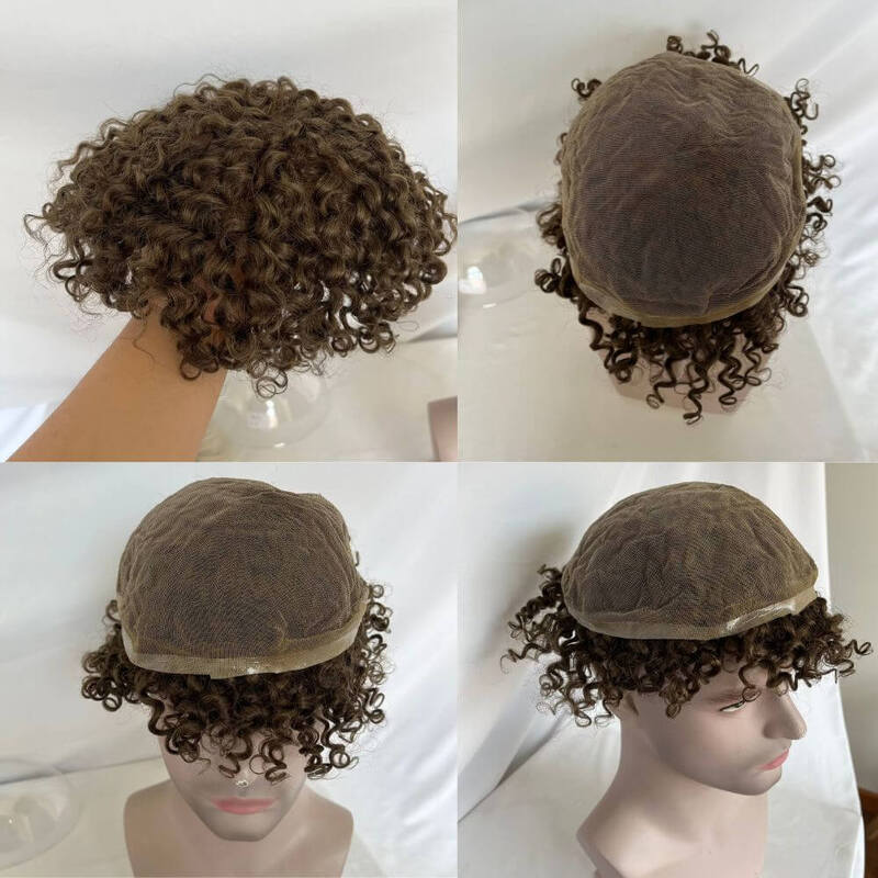 Toupee untuk pria kecil keriting 100% rambut manusia sistem pengganti coklat potongan rambut lembut penuh renda Swiss 8 "x 10" ukuran dasar