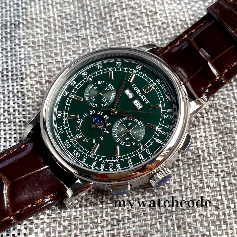 Corgeut สีเขียว/สีชมพู/สีขาว/สีดำ/สีฟ้า42Mm ST1655ขัดอัตโนมัติผู้ชายสายนาฬิกาข้อมือหนัง