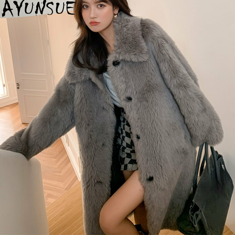 AYUNSUE 100% Wool Coat Women Winter 2022 High Street Sheep Shearing Jacket Women Clothing Long Fur Coats Manteau Femme Hiver SGG