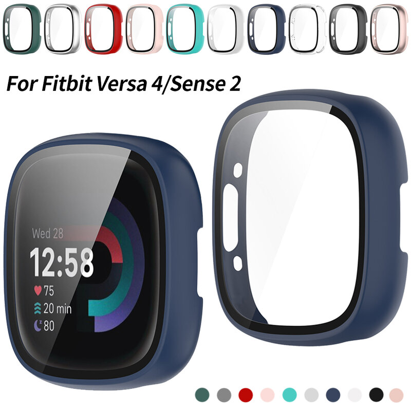 Glass+Case for Fitbit Versa 4 Watch Protective Bumper Hard PC Waterproof Shell HD Screen Protector for Versa Sense 2 Watch Cover