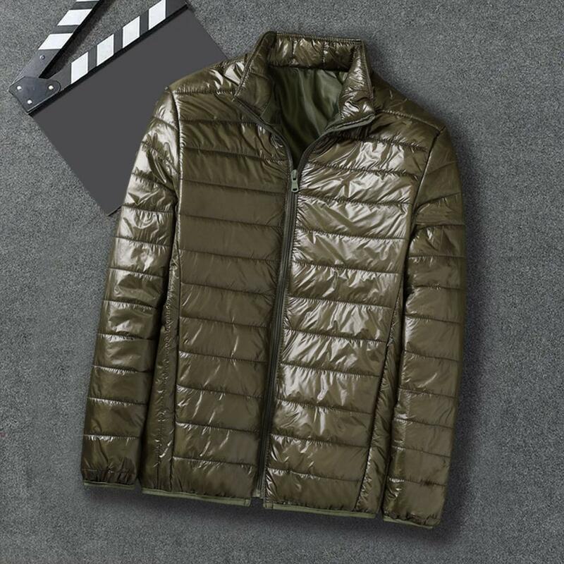 Mantel longgar berbantalan untuk pria, jaket katun musim dingin kerah berdiri pelindung leher, mantel tahan angin empuk, ritsleting lembut