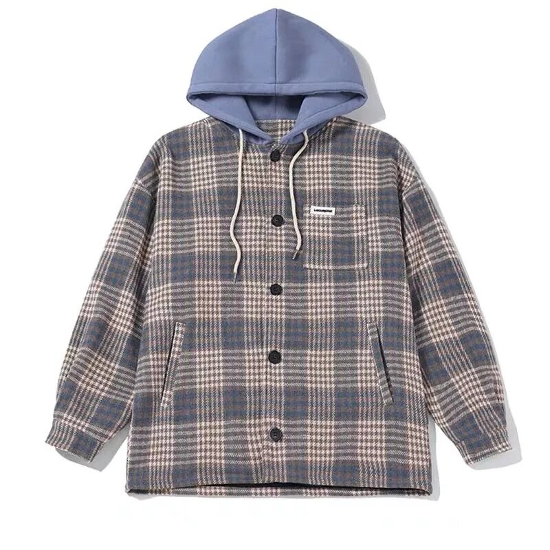 Plaid Hooded Jacket Men's  2023 Autumn Winter New Hong Kong Style Loose Casual All-match Jacket Trend Cardigan Sweater Commute