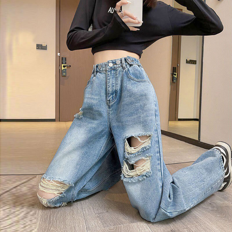 Broken hole jeans female spring 2024 new loose high waist thin narrow version of straight wide-leg pants female spring and fall