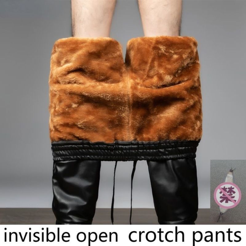 Open pants leather pants men's Plush thickened leather pants invisible seamless open crotch pants essential artifact for outing