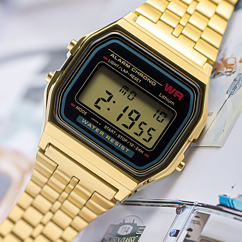 Роскошные часы со стальным ремешком F91W, ретро светодиодные цифровые спортивные военные часы, электронные наручные часы с ремешком для женщин и мужчин