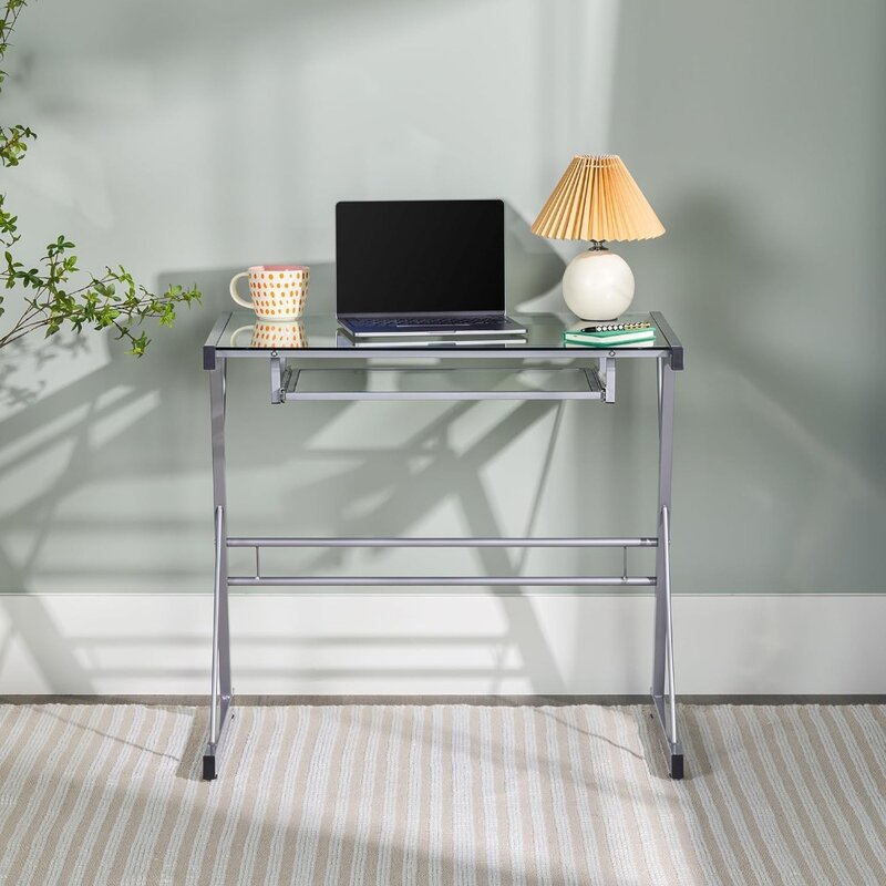 Metal e vidro Gaming Desk com Slide na bandeja do teclado, Home Office, trabalhar em casa, laptop, prata, 31"