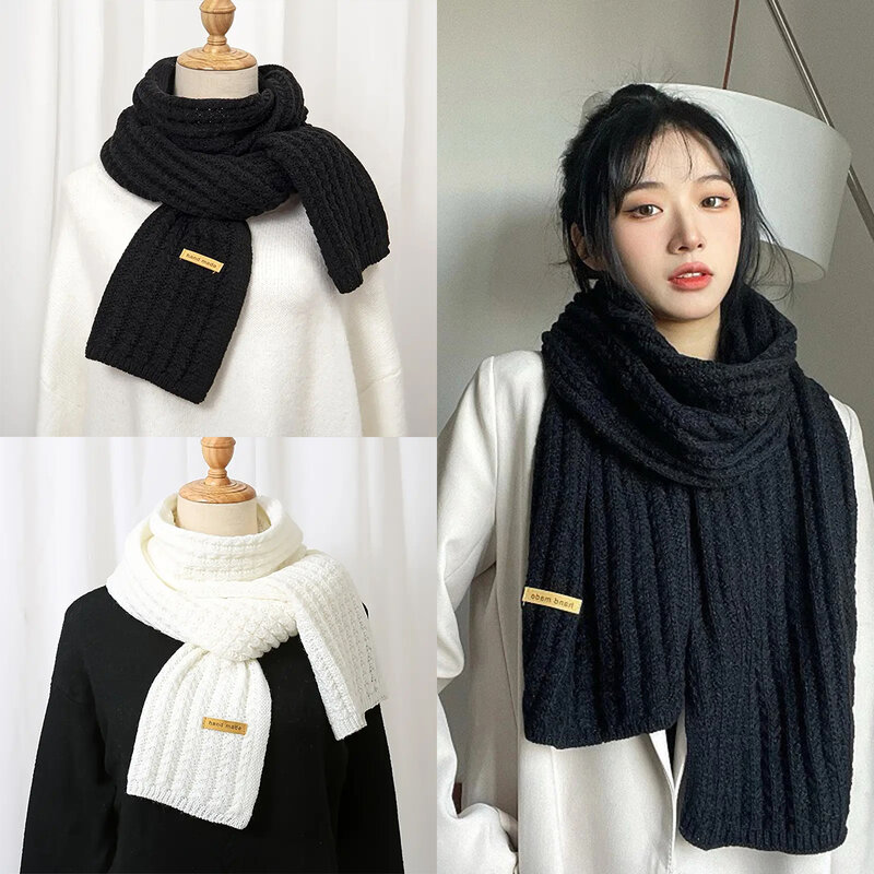Fashion Women Men Winter Warm Knitted Scarf Solid Color Outdoor Thickened Neckerchief Vintage Wraps Long Scarves Neck Cover