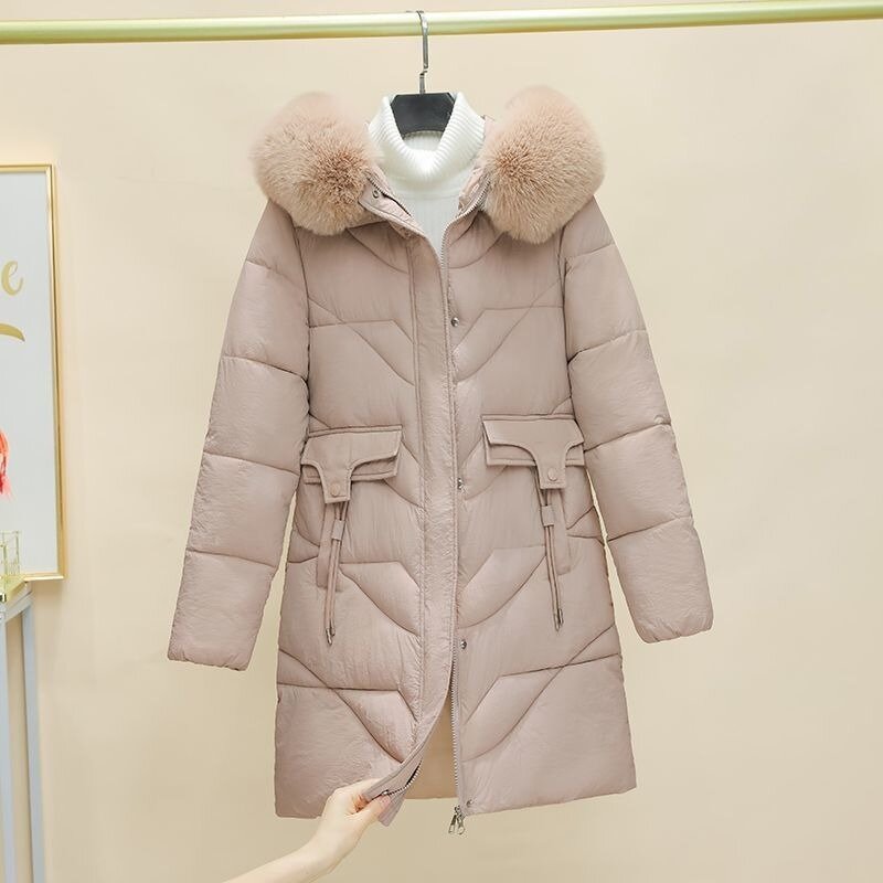 Новинка 2023, женское пуховое пальто из хлопка, зимняя куртка, версия средней длины, парки, облегающая плотная теплая верхняя одежда, пальто с капюшоном и меховым воротником