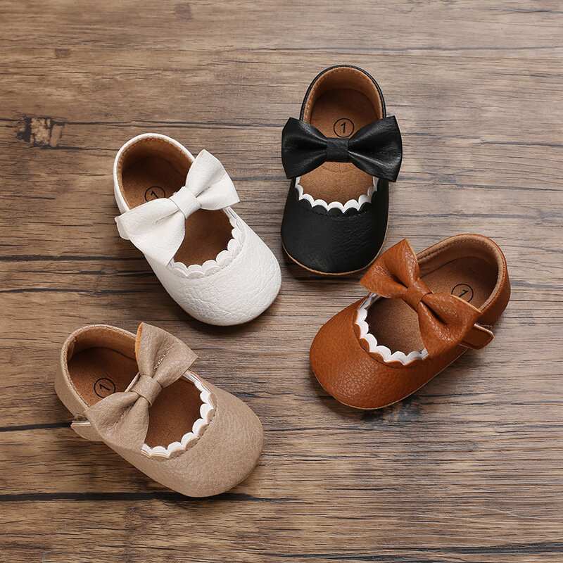 Zapatos informales para bebé, calzado antideslizante con lazo, suela plana de goma suave, PU, primeros pasos, decoración de lazo para recién nacido