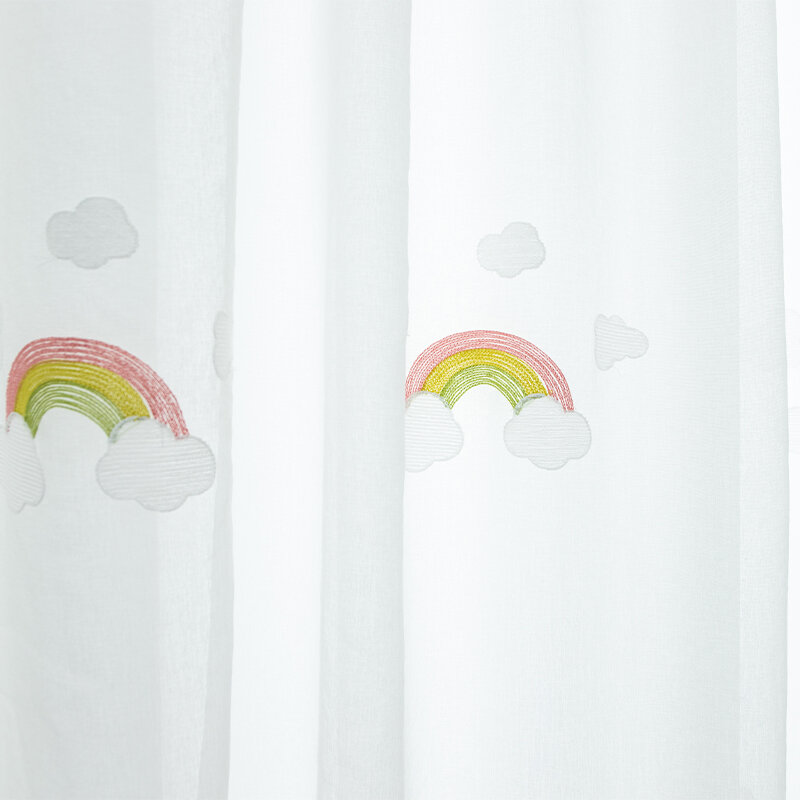 Koreański haftowane białe chmury i tęczy zwiewne okienne zasłony do sypialni bawełniane panele lniane Tulle woal do salonu MY036 #5