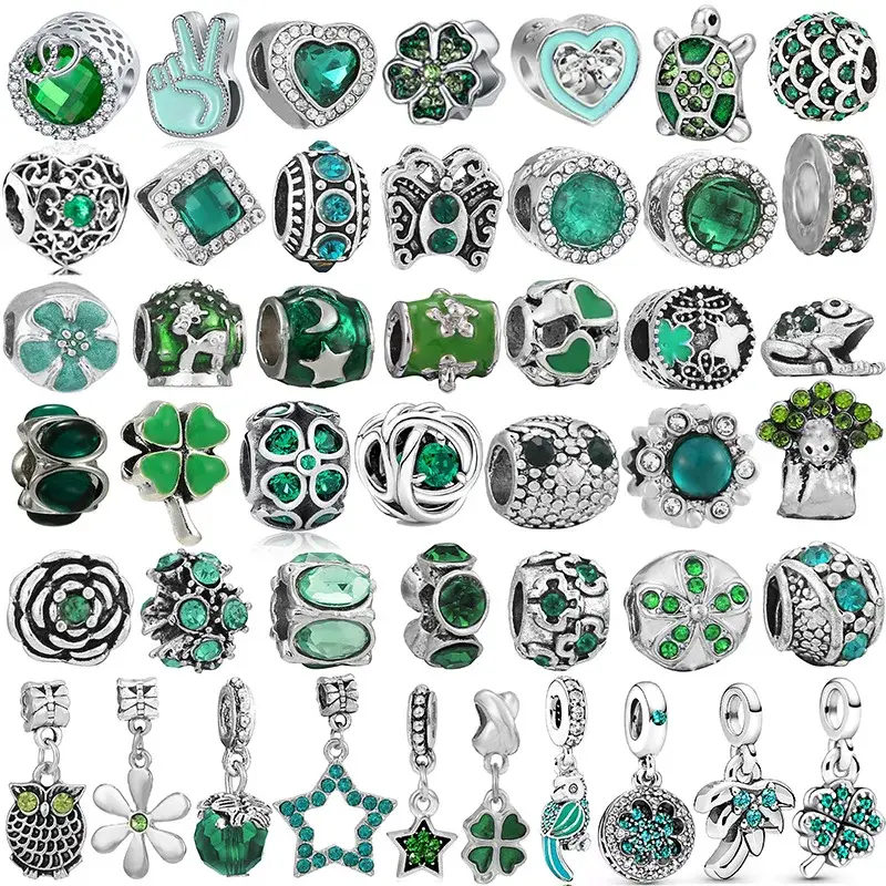 LLavero de plata 925 para mujer, serie verde, diamantes, múltiples colgantes, pulsera para Pandora, joyería DIY, regalos para el día de la madre