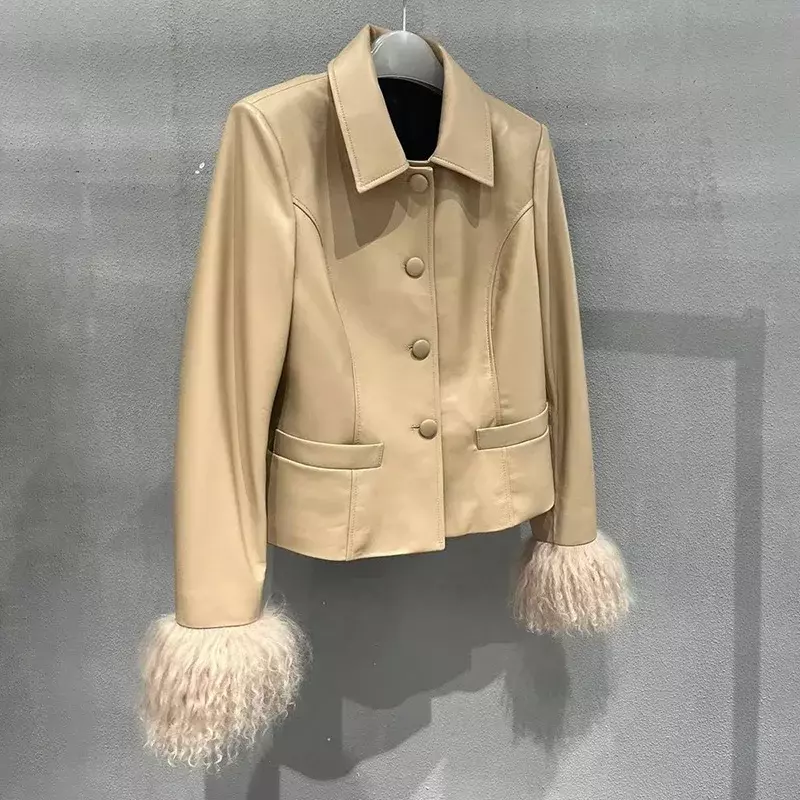 女性のための革のジャケット,毛皮のモザイクが付いたシープスキンジャケット,襟を折りたたんだ,女性のファッション,gt5917