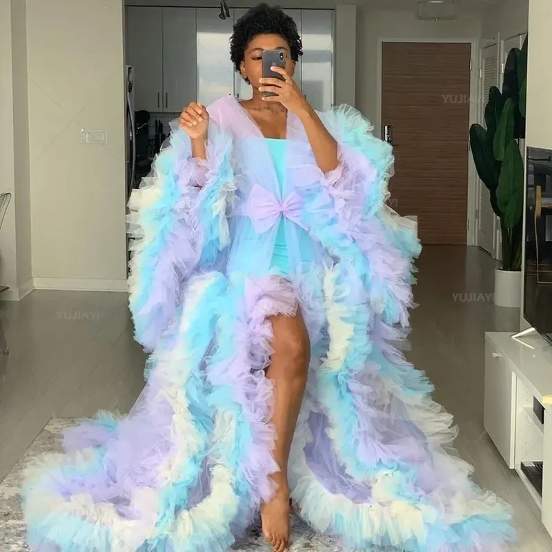 Fluffy Maternity Dressing Gown Sheer Long Tulle Robe Puffy Pregnancy Maternity Robes for PhotoShoot Bridal Boudoir Sleepwear
