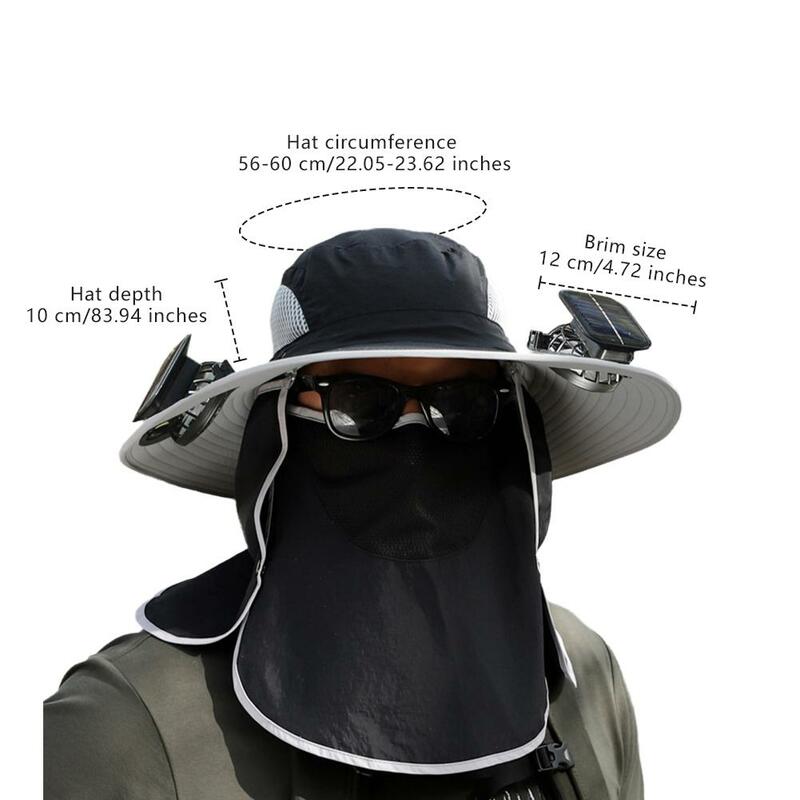 Chapéu de sol de aba larga para homens, máscara removível, 2 ventilador solar, chapéus de pesca, guarda-sol protetor externo omni direcional