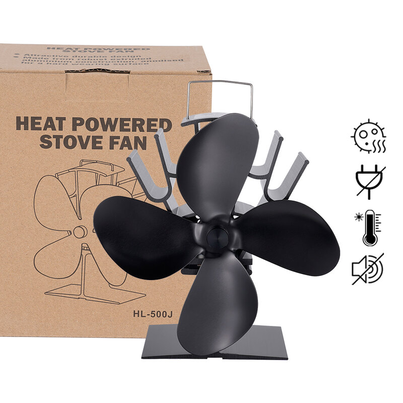 4 Blade Heat Powered Stove Fan Black Fireplace komine Log Wood Burner Eco Friendly Quiet Fan Home Efficient Heat Distribution