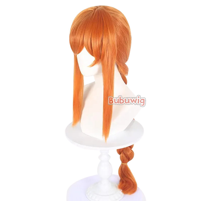 Bubuwig rambut sintetis, Wig Cosplay Flamme panjang lurus oranye tahan panas 90cm, Wig pesta kepang tahan panas