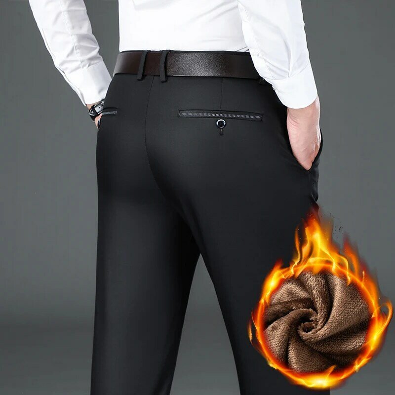 Calça de flanela grossa casual masculina, velo, reta, fina, estiramento, calças de pelúcia, quente, preto, negócio, novo, inverno