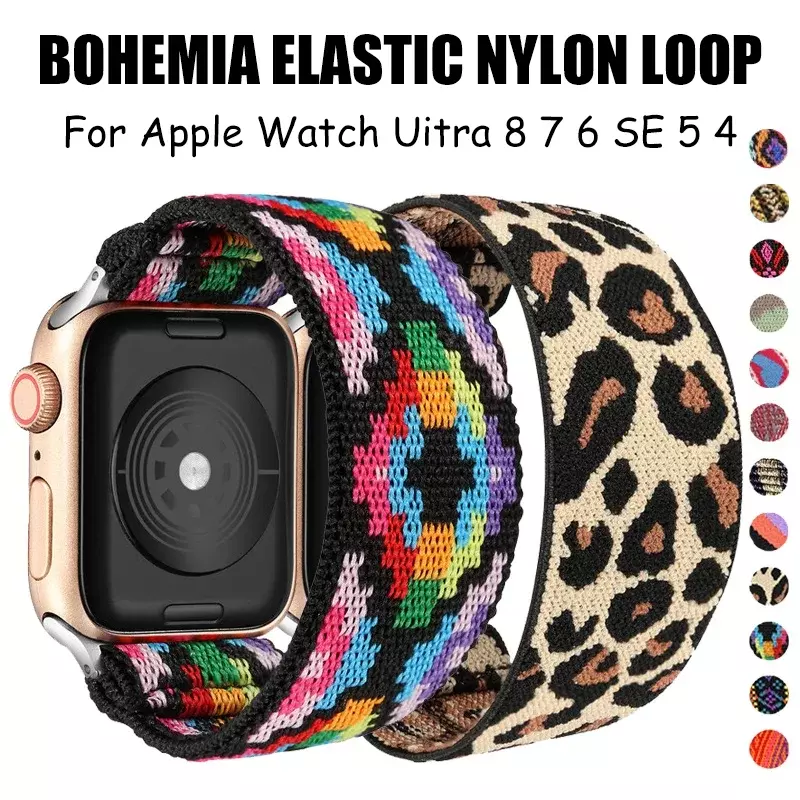 Correa Bohemia elástica de nailon para Apple Watch, banda de repuesto de 45mm, 38mm, 44mm para Iwatch Series 6, 5, 4, 41mm, 40mm, 42mm