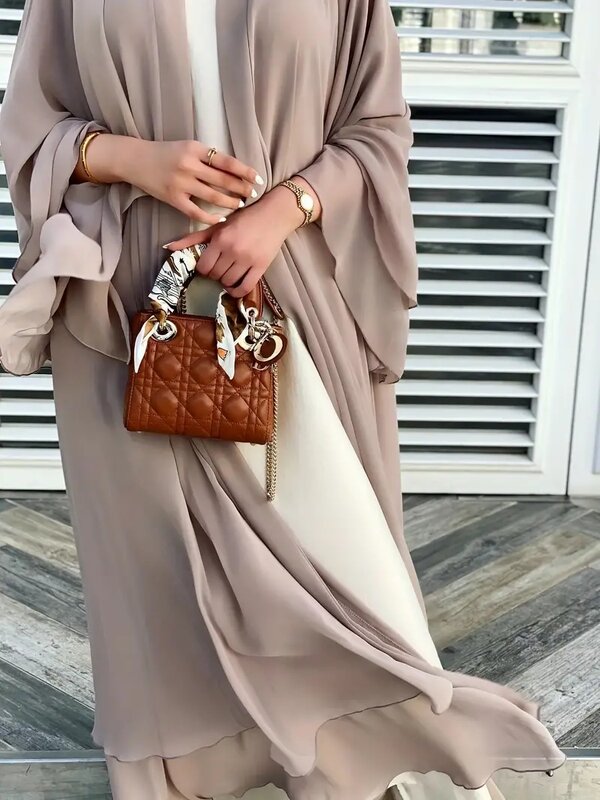 Однотонное скромное платье с завязкой на талии, элегантное платье макси с многослойным подолом и хиджабом, женская одежда