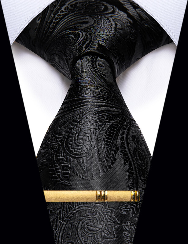 Gravata de seda Paisley masculina com clipe, gravata clássica sólida, preta, acessórios de luxo, alta qualidade, presentes