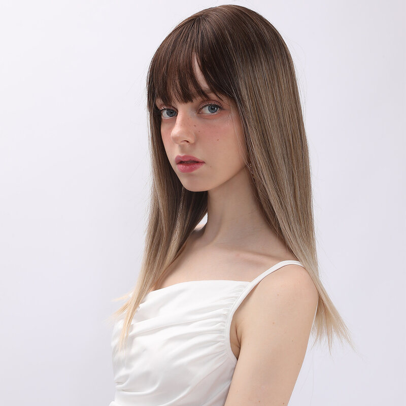Черно-золотые синтетические парики с челкой для женщин, длинный прямой парик из натуральных волос для ежедневного использования, косплей, вечерние, термостойкие парики