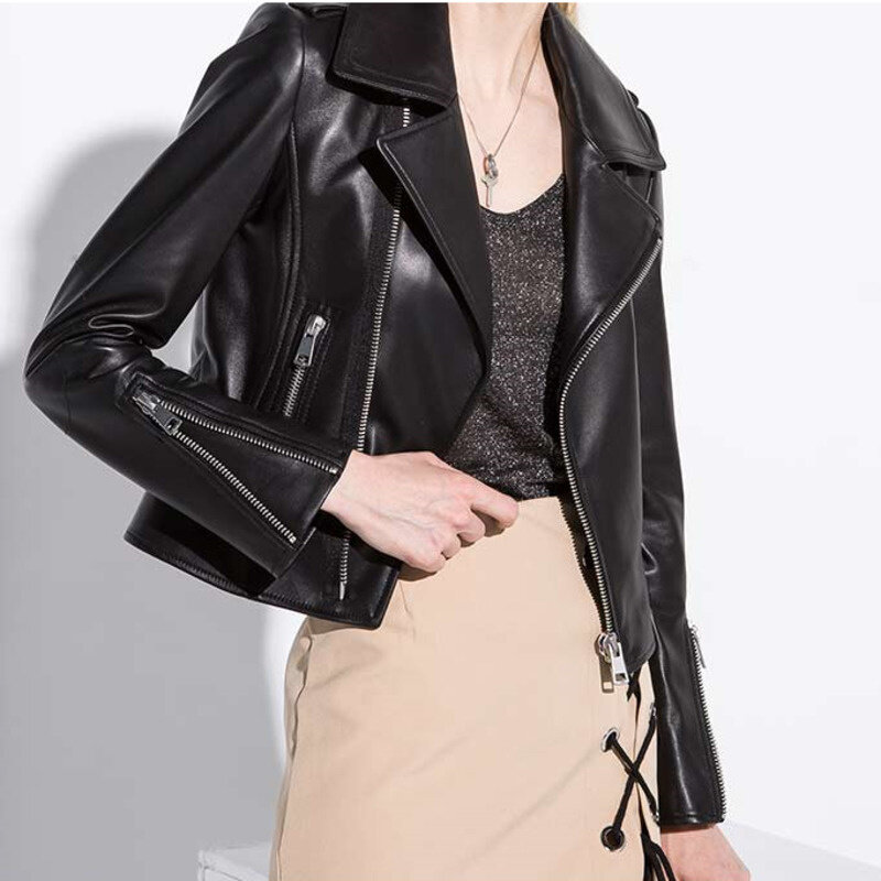 2023 New Genuine Leather Jacket Women Real Leather Jacket Sheepskin Black Soft Slim Fit Punk Female Coat Spring Autumn