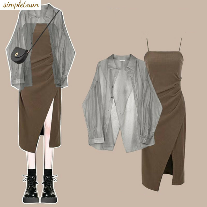 Vestido fino pendurado para mulheres, conjunto de 2 peças, camisa protetor solar, top fino, redução de idade, desgaste, verão, novo, 2024