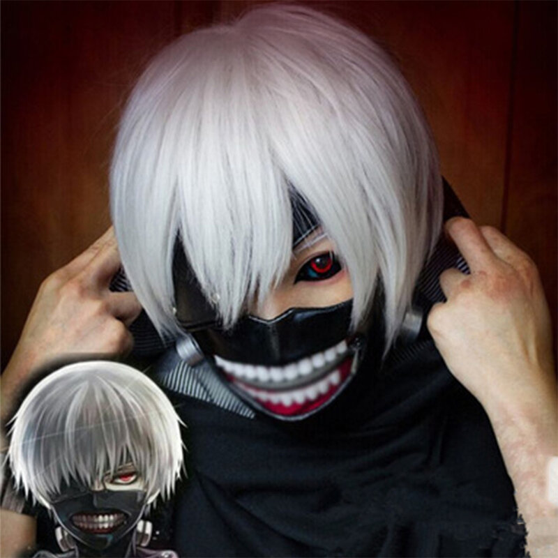 Wig pendek Cosplay Tokyo Ghoul Kaneki Ken Anime Wig rambut sintetis warna perak putih atau putih Wig kostum bermain Halloween