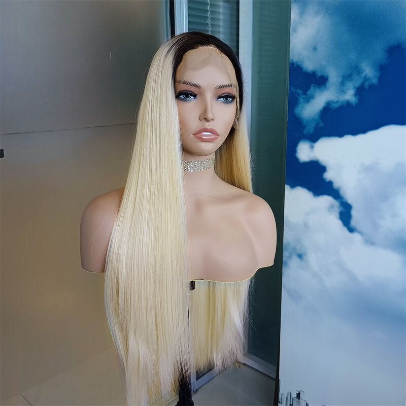 Diniwigs Ombre Blonde Synthetic Wigs for Women Dark Roots Blonde Long Silky Straight Synthetic Lace Front Wig Heat Fiber Hair