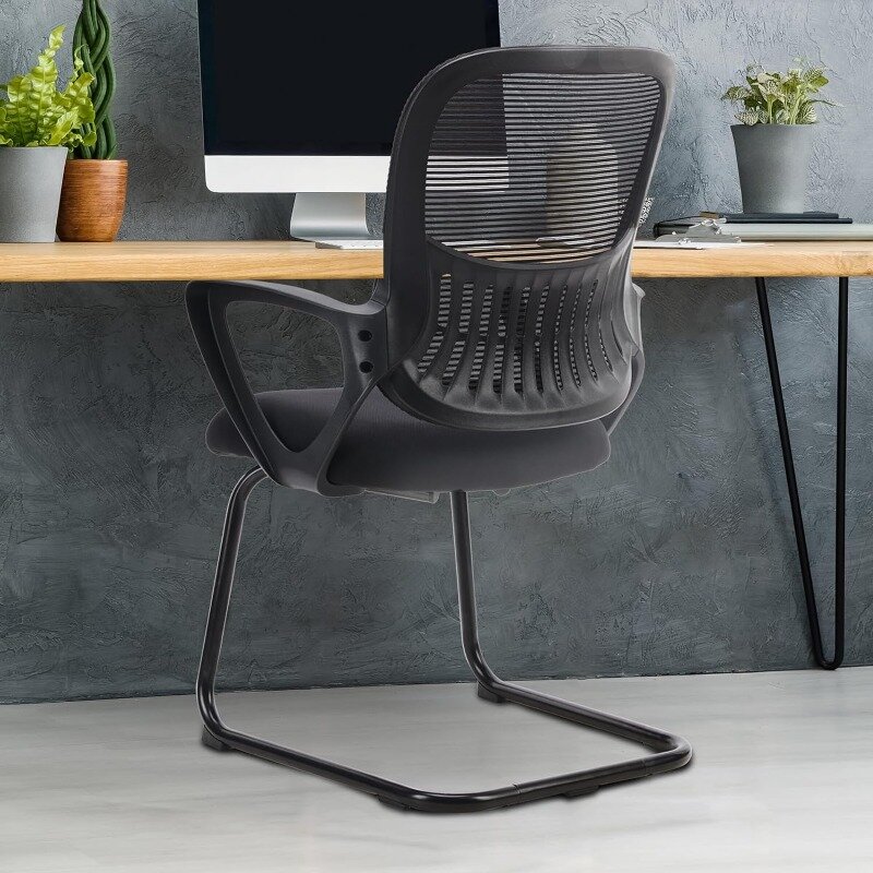 Kursi meja kantor Set tanpa roda 2, kursi komputer jaring dasar Sled eksekutif ergonomis dengan lengan nyaman dan penopang pinggang