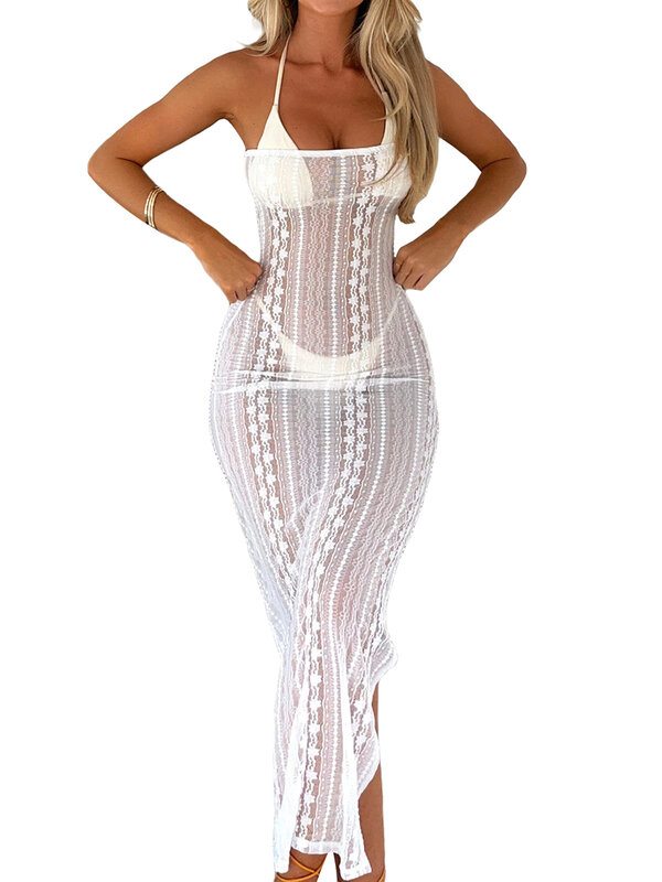 Women Strapless Lace Tube Long Dresses Sleeveless Off Shoulder Mesh Lace See Through Midi Dress Y2k Summer Beach Cover Ups