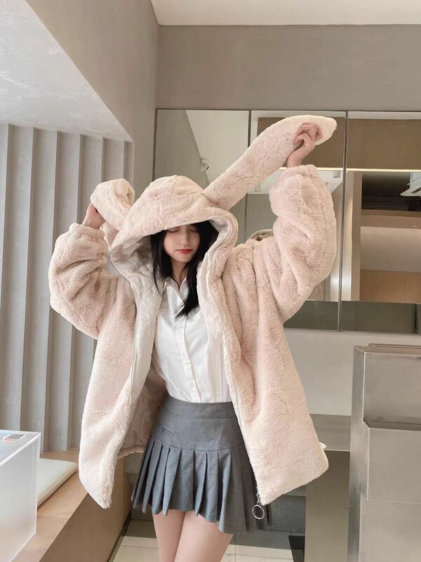 Winter Long Faux Fur Coat Women Fluffy Jacket with Rabbit Ears Raglan Sleeve Zipper Oversize Harajuku Kawaii Faux Fur Hood Coat