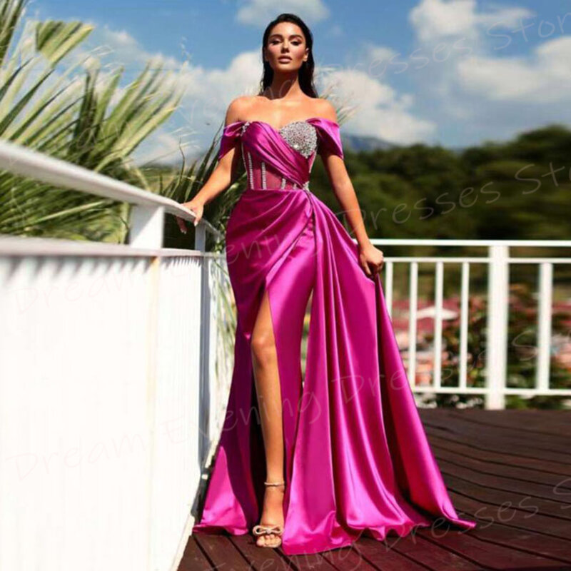 우아한 아랍 인어 여성 이브닝 드레스, 모던 오프 숄더 비즈 무도회 가운, 섹시한 하이 사이드 스플릿 이브닝 드레스