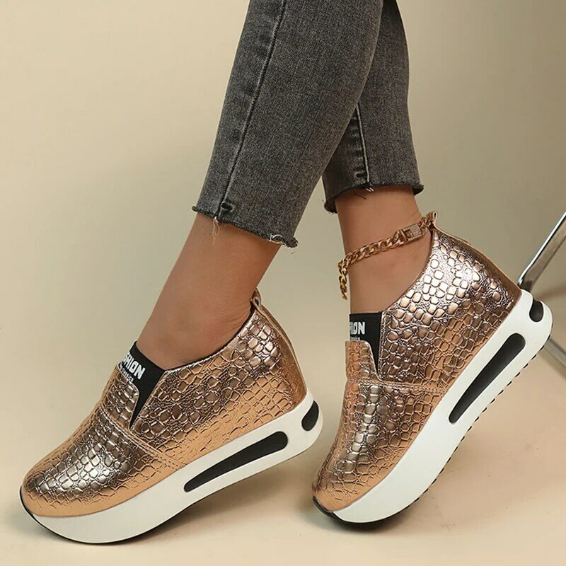 Zapatillas de plataforma de cuero PU plateado para Mujer, Zapatos deportivos informales antideslizantes de suela gruesa, mocasines sin cordones de talla grande