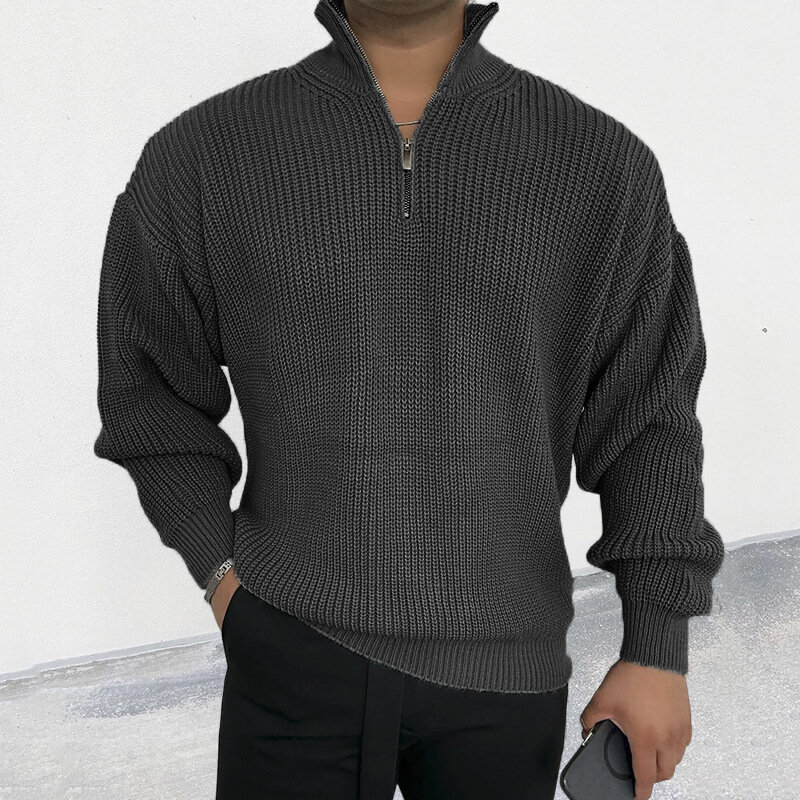 Jesienno-zimowy nowy sweter męski na zamek błyskawiczny sweter z golfem sweter męski z długim rękawem i dekoltem w jednolitym kolorze luźny sweter