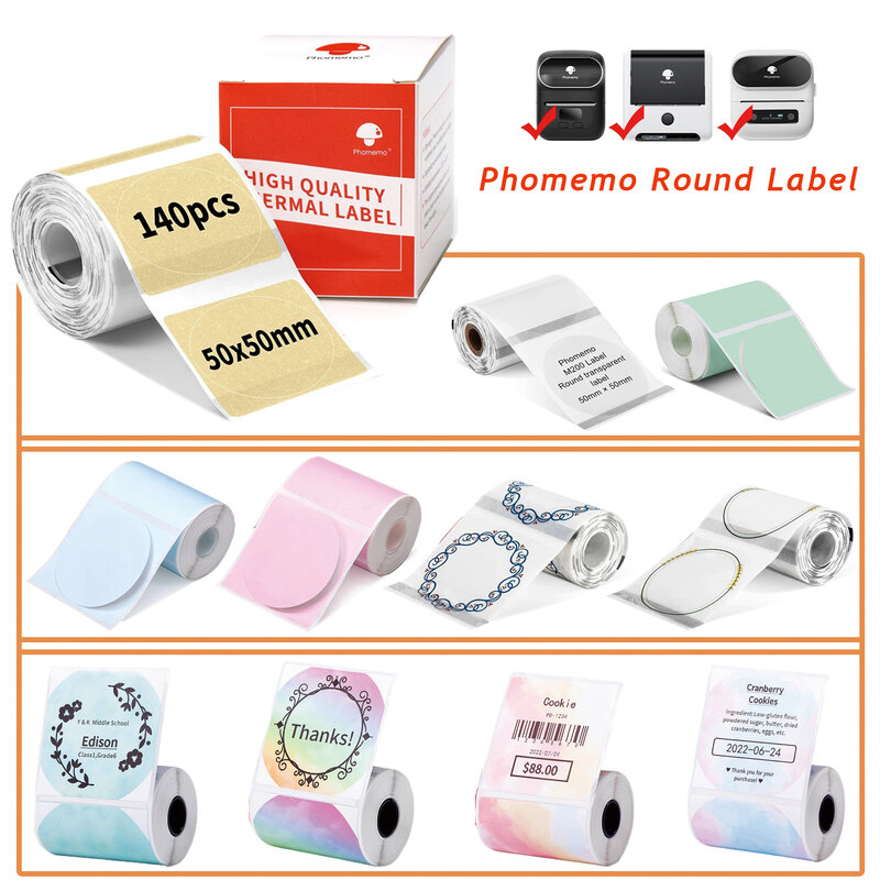 Phomemo merekat sendiri putih bulat/transparan/Label warna untuk M110/M220/M200/M120 untuk DIY desain Logo kode QR pengiriman