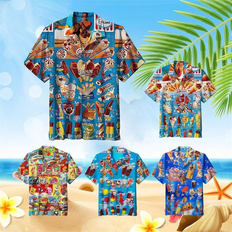 최신 루즈한 통기성 3D 프린트, 트렌디하고 멋진 패션 아이스크림 셔츠, 해변 파티 상의, 반팔, 여름 남성 셔츠