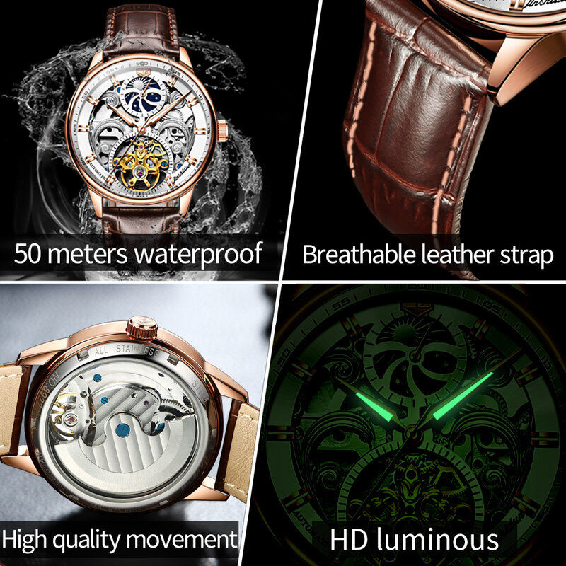 Zegarki mechaniczne JSDUN dla biznesmenów szkielet zegarki wodoodporne klasyczny skórzany pasek prezent dla męża 8922