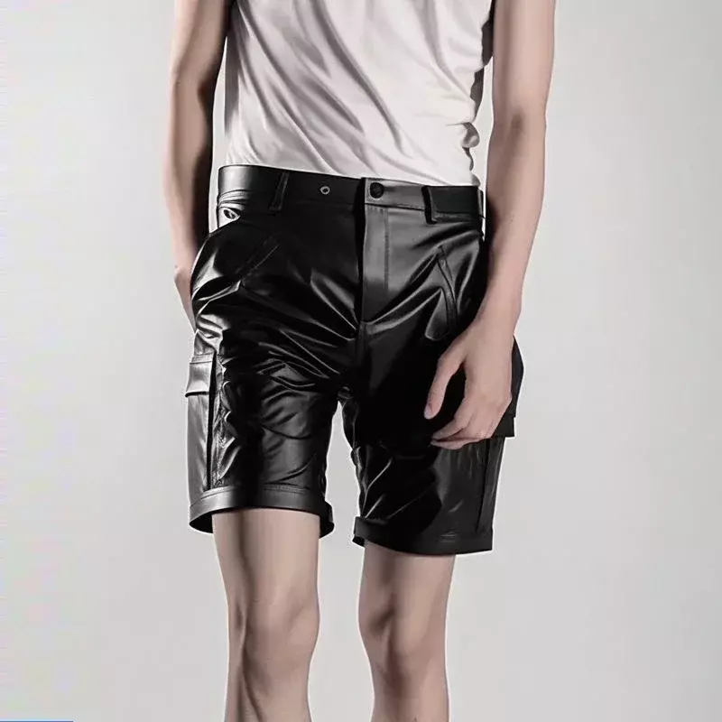 Calção preto fosco de couro sintético masculino, elástico casual masculino, calça curta de PU com bolso, calça reta fina, personalizada a quente, 2024