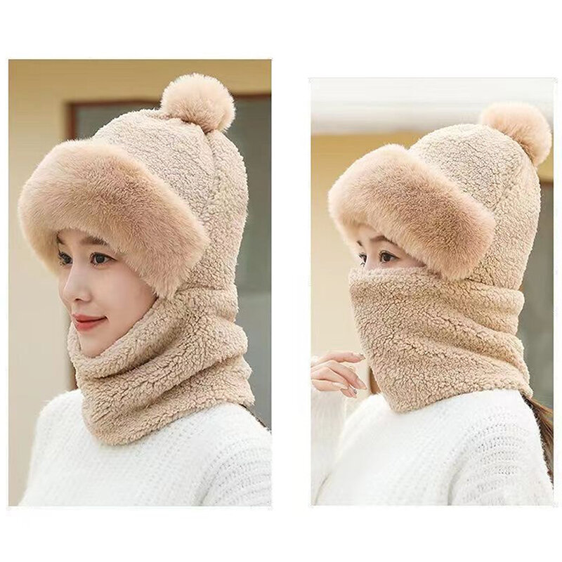 Winter Scarf Set Hooded For Women Plush Neck Warm Outdoor Ski Windproof Hat Thick Plush Fluffy Beanies