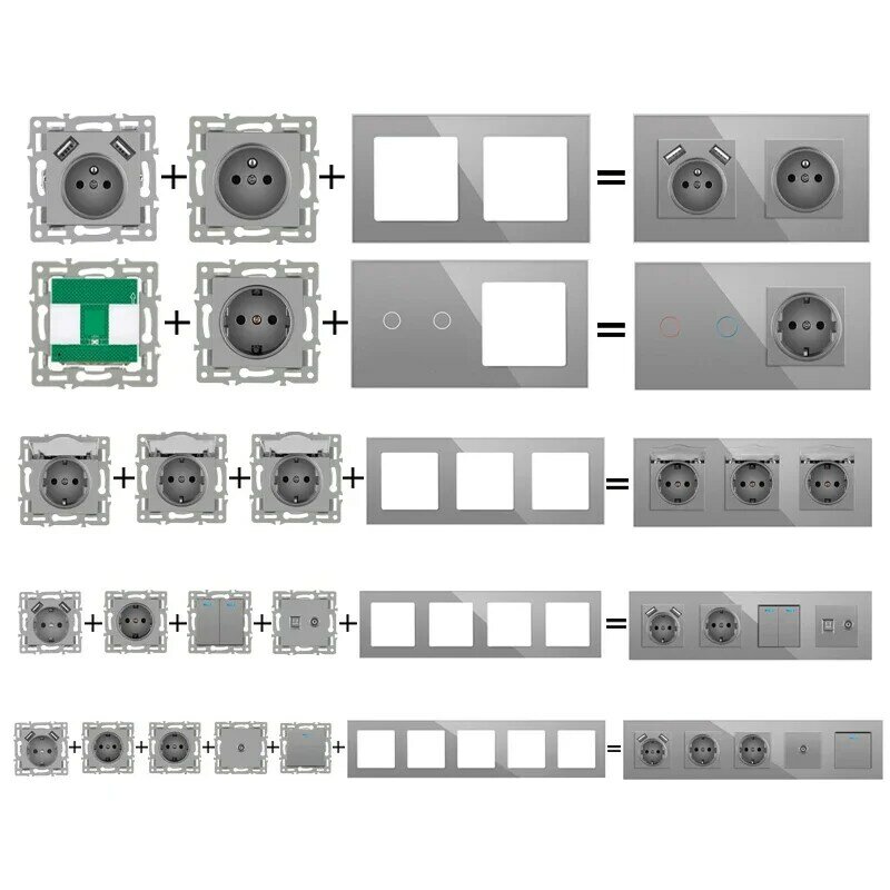 NYWP wall-mounted module diy European standard gray crystal glass panel power socket switch button function free combination