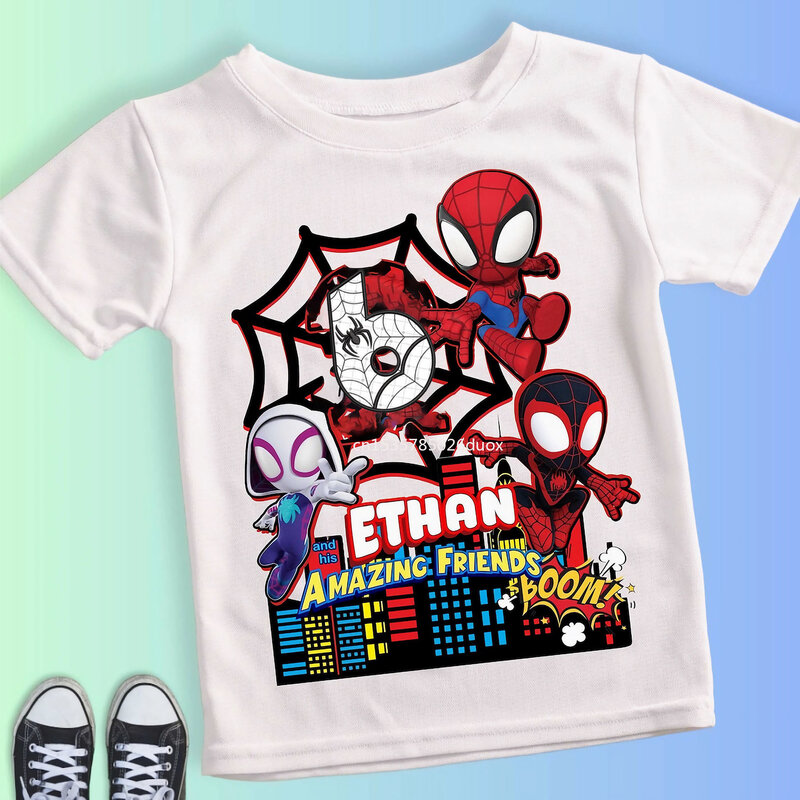 Sommer kind 2 3 4 5 6 7 8 9 Spider Man und seine Freunde Geburtstag weißes Hemd Spider-Man maßge schneiderte Name Geburtstags feier Junge T-Shirt