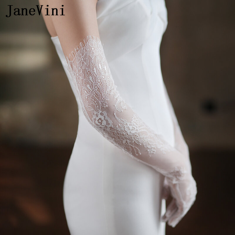 JaneVini Guantes Largos elegan 60cm, sarung tangan renda panjang, sarung tangan pernikahan pengantin wanita jari penuh, aksesori pesta