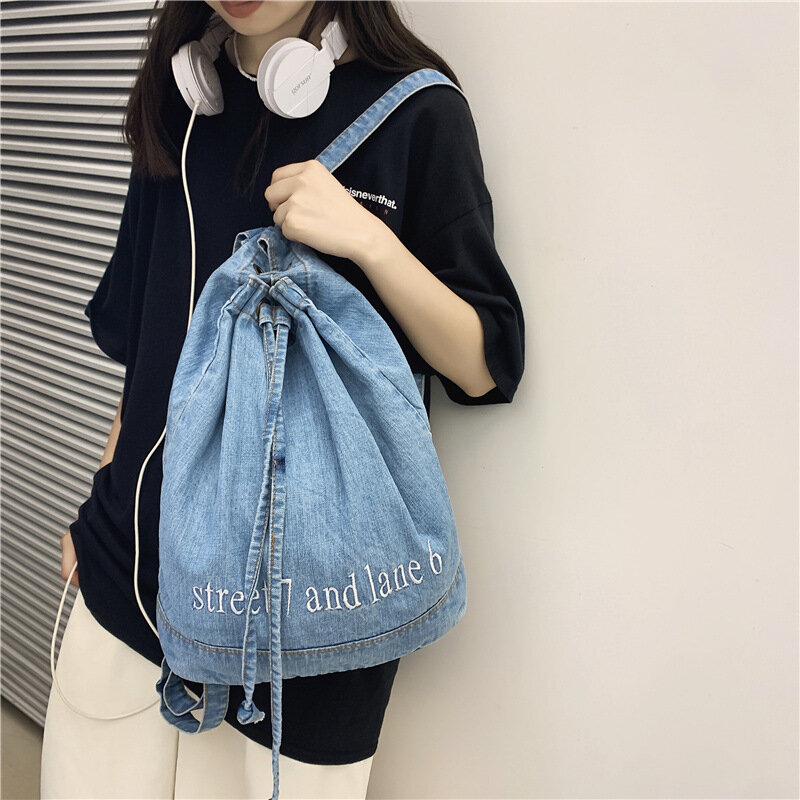 Mochila Feminina Simples Carta Drawstring Schoolbag Estudante Universitário Mochila Jeans Estilo Coreano Moda Grande Capacidade Saco De Viagem
