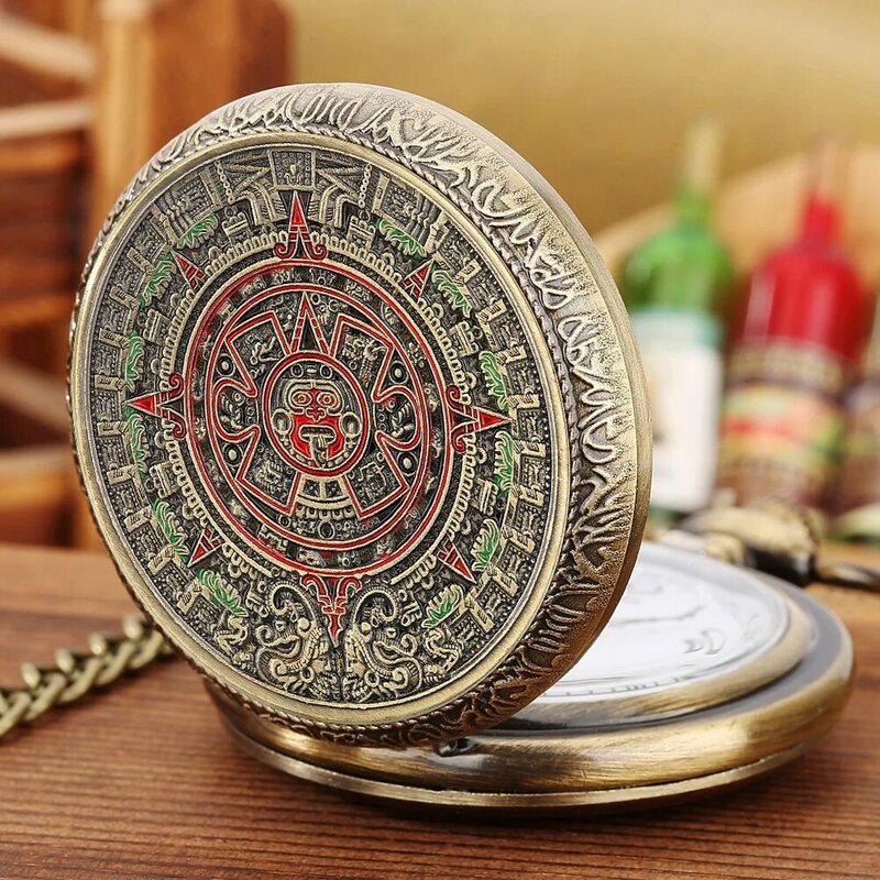 Kalendarz majów azteków sztuka proroctwo kultura wzór reliefowy brązowy zegarek kieszonkowy kwarcowy naszyjnik na łańcuszku Fob Vintage stylowy zegar