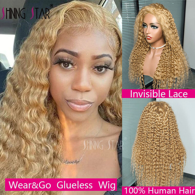 Honey Blonde Curly Lace Front Peruca de cabelo humano para mulheres, perucas frontais de renda transparente, onda profunda, cabelo remy pré-arrancado, 13x6, 13x4