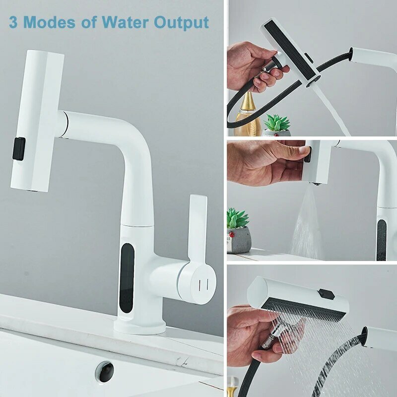 Смеситель для раковины с цифровым дисплеем температуры, выдвижной кран «Водопад» для ванной комнаты, 3 варианта распыления, для горячей и холодной воды