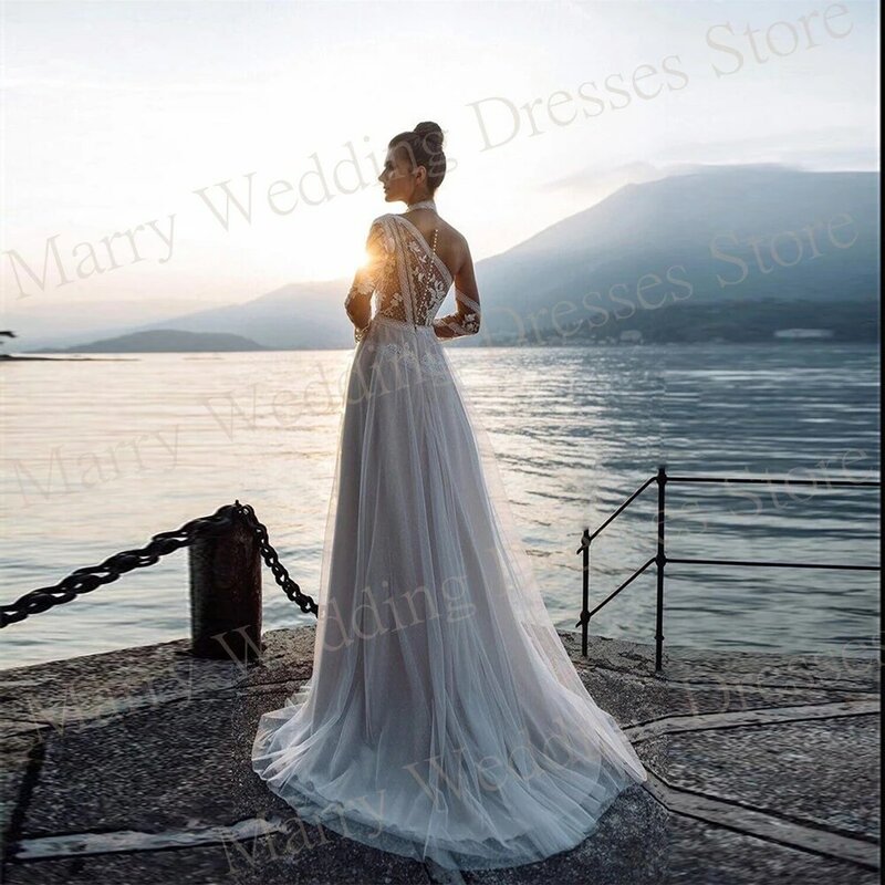 Gaun pernikahan leher tinggi Boho gaun pengantin renda applique lengan penuh gaun pengantin Tulle panjang lantai buatan khusus Vestidos Novias Boda