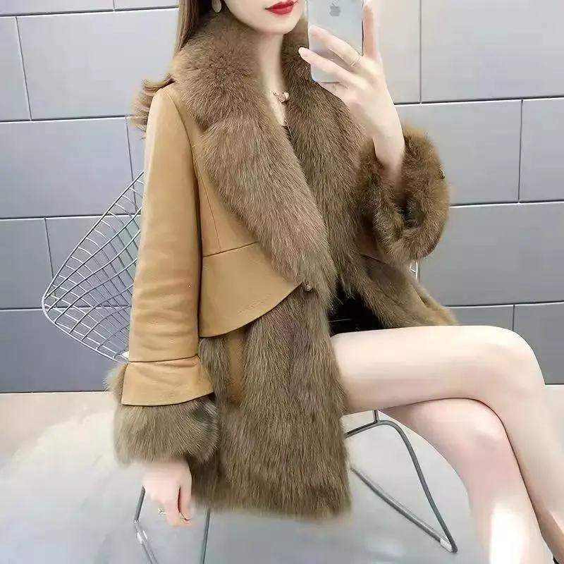2023 Faux Fox Fur Grass Coat Winter Jacket Women's Fashion Korean Version Medium Long Collar Solid Color Thickened F358